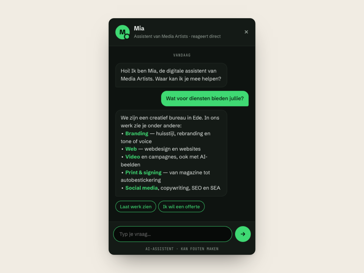Chatvenster van Mia, de voorbeeldchatbot voor Media Artists
