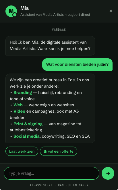 Chatvenster van Mia met een vraag over de diensten van Media Artists en het antwoord daarop