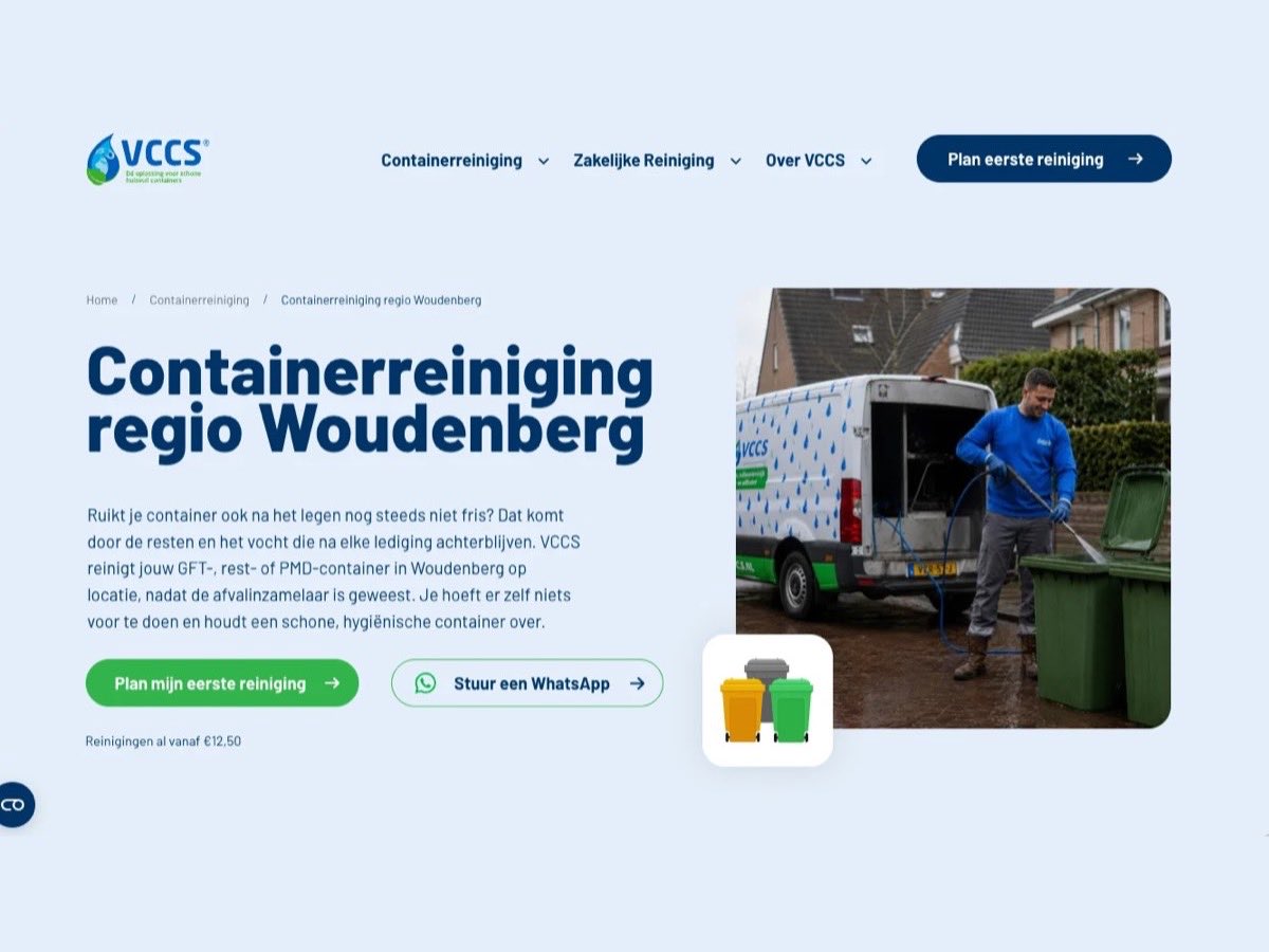 Een regiopagina van VCCS met de kop Containerreiniging regio Woudenberg